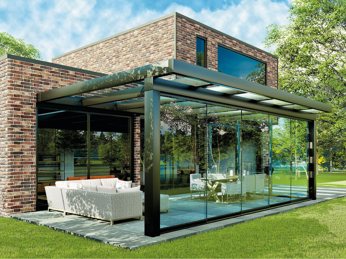 Terrassenüberdachung Ultraline in Anthrazit mit Glasschiebeelementen